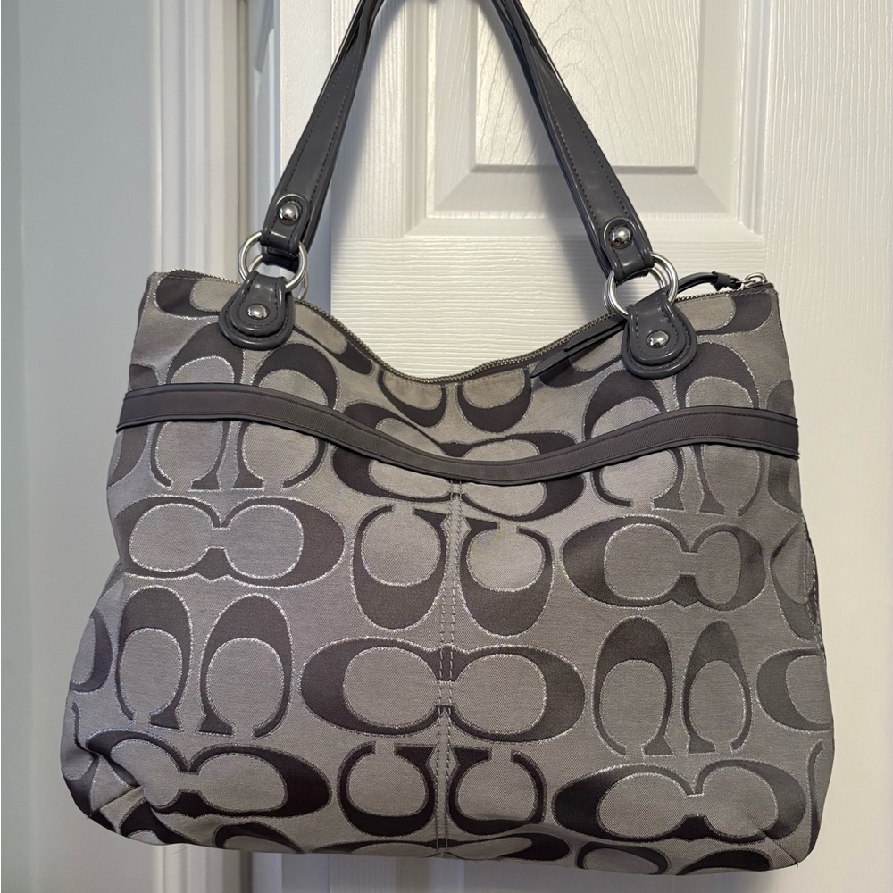Coach Gray Monogram Shoulder Bag with Leather Trim
